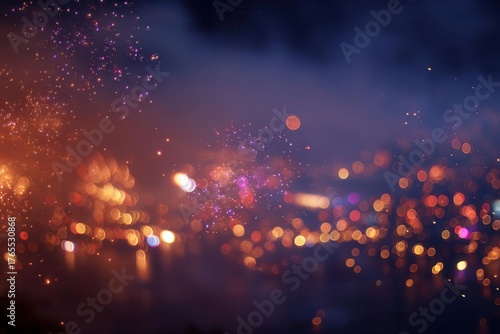 Abstract Bokeh Fireworks Display Over Water at Night