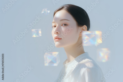 素肌の美しい女性の美容ポートレート　Beautiful Woman with Clear Skin Looking at the Camera
