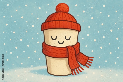 Cute illustration of cozy coffee cup wearing red hat and scarf, with snowflakes in wintery background.