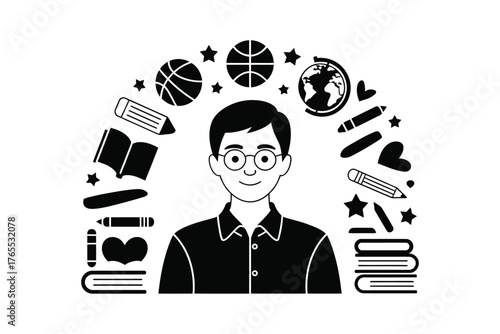 Teacher surrounded by symbols of education and sports