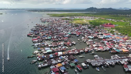 Aerial footage of traditional fisherman village at Semporna, a city on east coast of Sabah in Malaysia, Tawau District, Borneo island
