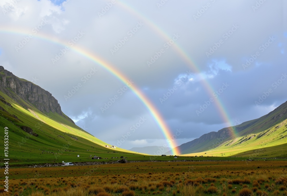 Obraz premium Vibrant double rainbow arching across a lush green valley with dramatic skies and distant mountains during a serene moment of atmospheric wonder
