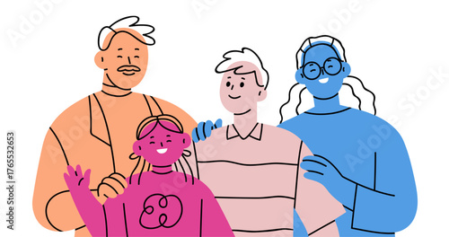 Happy abstract family portrait. Parents and children hugging. Mother, father, siblings together. Mom, dad, sister and brother, teen boy and girl. Flat vector illustration isolated on white background