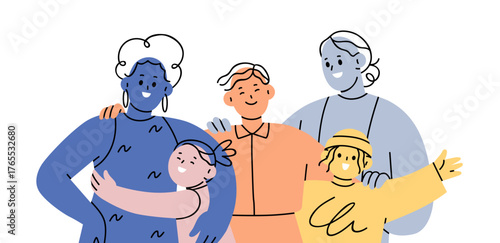 Happy family, grandmother, mother and children portrait. Mom, grandma and kids, grandchildren smiling together, child and senior generation. Flat vector illustration isolated on white background