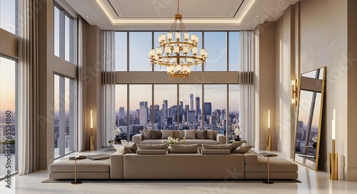 Fototapeta Naklejka Na Ścianę i Meble -  Luxurious modern living room with panoramic city skyline views at sunset.