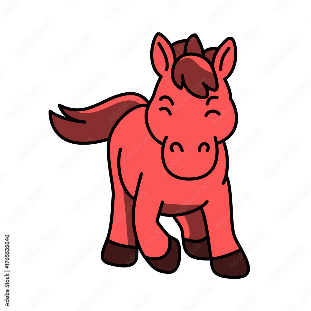 Fototapeta premium Funny red cartoon horse front view, symbol of the 2026 Year of the Red Horse, vector illustration isolated on white.