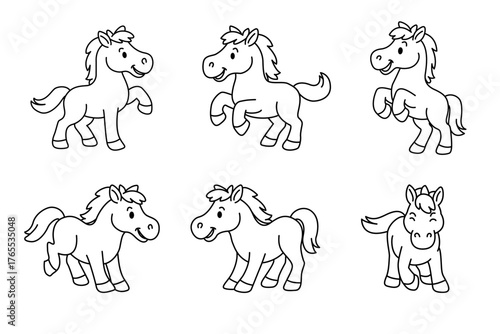Set of line art cartoon horses, different poses of cute ponies, vector outline illustration for coloring or design elements.