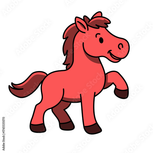 Cute red cartoon horse walking happily, symbol of the upcoming year of the Red Horse 2026, vector illustration on white background.