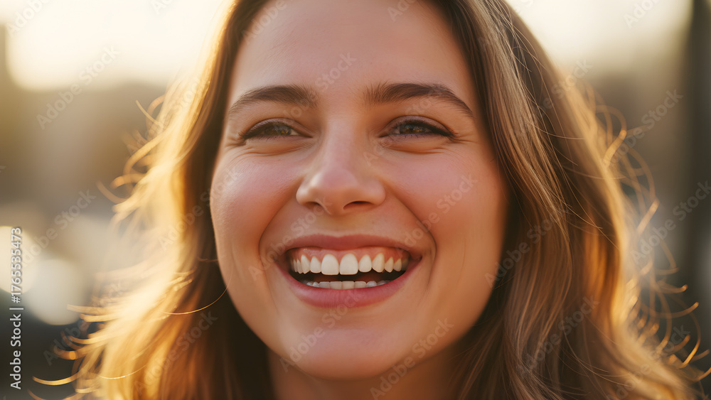 Fototapeta premium A person laughing heartily with bright sparkling eyes and lips curved upward in genuine smile, radiant glowing skin with natural rosy blush on cheeks, hair slightly tousled from the emotion and moveme