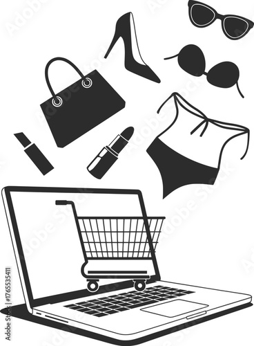 Online Fashion Shopping Icon, Laptop Cart with Clothing and Accessories Illustration.