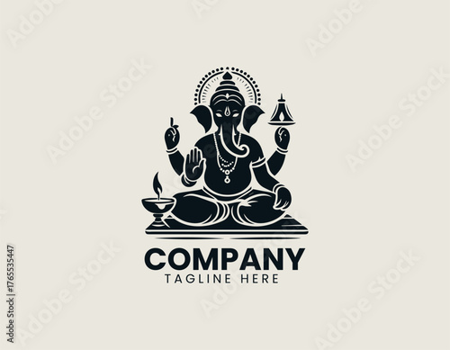 Majestic Hindu deity Ganesha silhouette vector illustration seated with raised hand and illuminated oil lamp