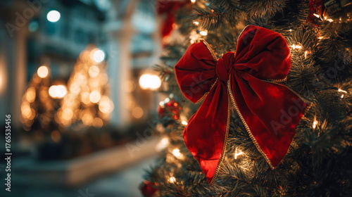 tied red velvet bow with gold trim adorns a Christmas tree, surrounded by glowing lights in a warmly lit festive setting