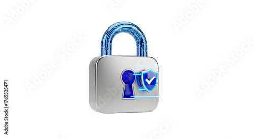 Digital padlock with blue glow and shield icon for cybersecurity concept
