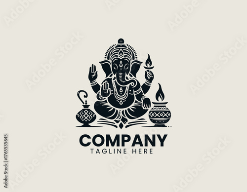 Majestic Hindu deity Ganesha silhouette vector illustration seated with raised hand and illuminated oil lamp