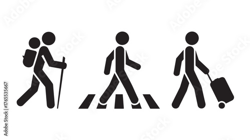 Set of traveler icons stick figures of people hiking walking and traveling with luggage simple black vector glyphs isolated on white