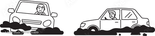 Cars stuck in mud with frustrated drivers graphic illustration style