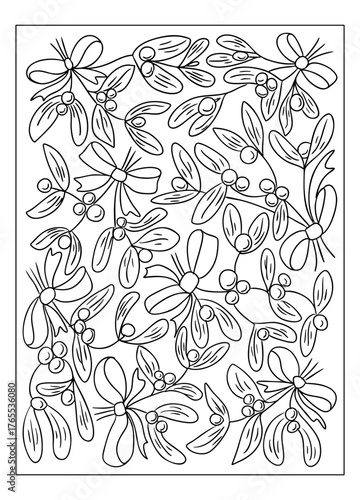 Hand drawn mistletoe branches with berries and ribbons in a seamless pattern for coloring pages or festive designs. Concept of Christmas decoration and botanical illustration