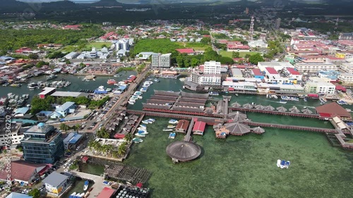 Aerial footage view of commercial pier and fisherman village at Semporna, a city on east coast of Sabah in Malaysia, Tawau District, Borneo island