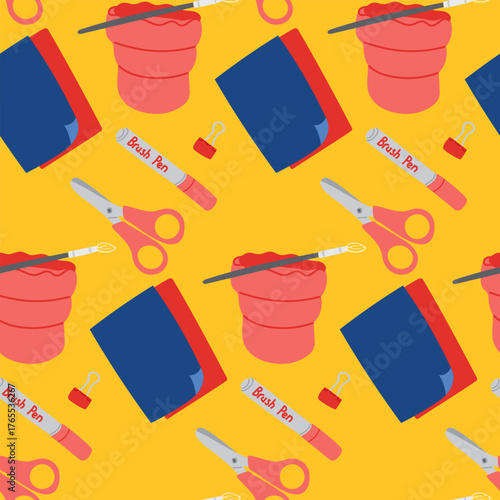 Hand drawn seamless pattern with art supplies including scissors, notebooks, brush pens, and paint jars on yellow background. Concept of creativity, crafting, and artistic design