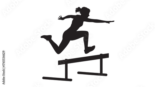 Silhouette of a female athlete jumping over a hurdle vector illustration for sports and fitness concepts isolated on white