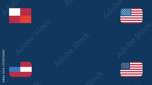 Four flags in the corners of a dark blue background with a checkered and american flag designs visible