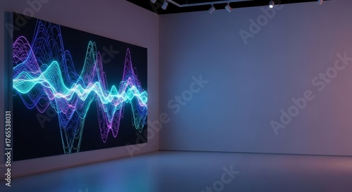 Dynamic Generative Art Display with Glowing Abstract Waveforms in a Modern Exhibition Space.