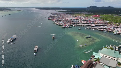Aerial footage of traditional fisherman village at Semporna, a city on east coast of Sabah in Malaysia, Tawau District, Borneo island