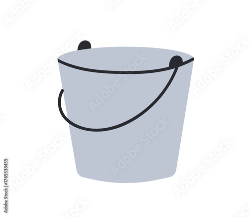 Metal bucket with handle. Empty gray steel pail for gardening, cleaning, household. Iron conatainer, utility tool for liquid storage. Flat vector illustration isolated on white background.