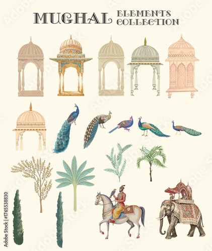 Indian Mughal arch, peacock and more elements in vector