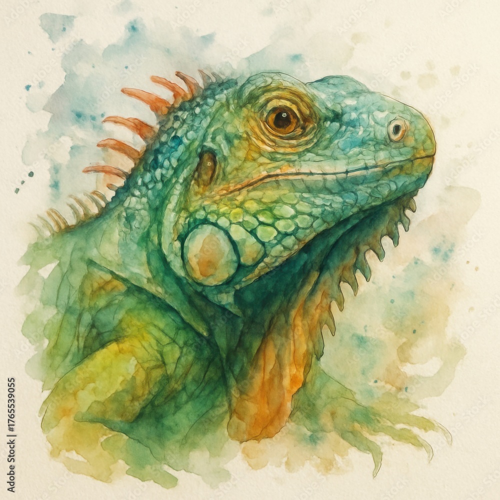Fototapeta premium Watercolor depiction of a vibrant green iguana, showcasing unique scale patterns