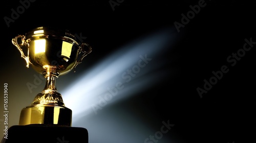 elite. A shining gold trophy on a velvet podium with dramatic spotlight. event key visuals, club posters, designed for fitness apps and gym onboarding, drives event promotion.