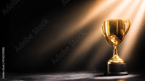 elite. A shining gold trophy on a velvet podium with dramatic spotlight. event key visuals, club posters, designed for fitness apps and gym onboarding, drives event promotion.