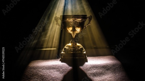 elite. A shining gold trophy on a velvet podium with dramatic spotlight. event key visuals, club posters, designed for fitness apps and gym onboarding, drives event promotion.