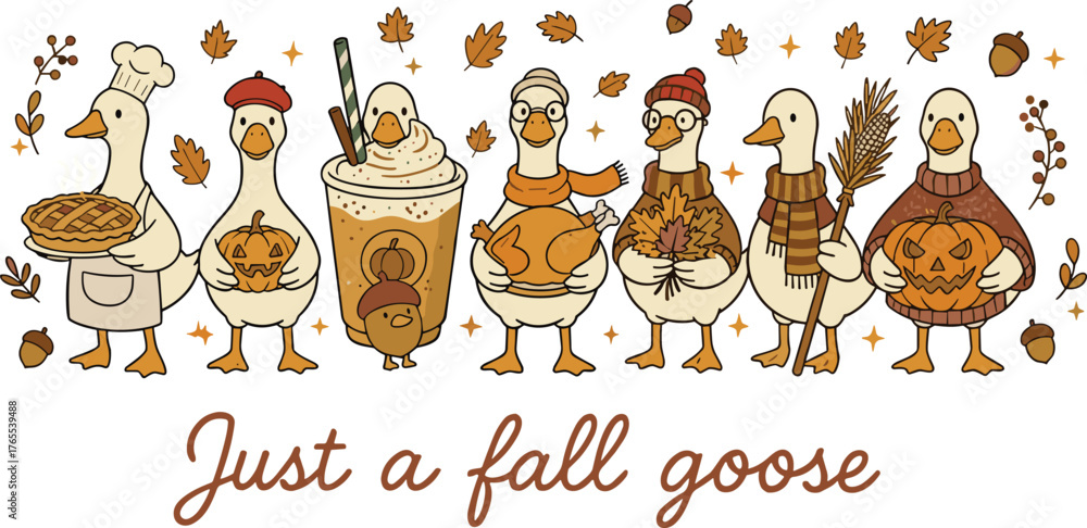 Fototapeta premium Just a cozy goose autumn illustration set | cute fall goose clipart cozy outfit coffee pumpkin pie warm drink leaves