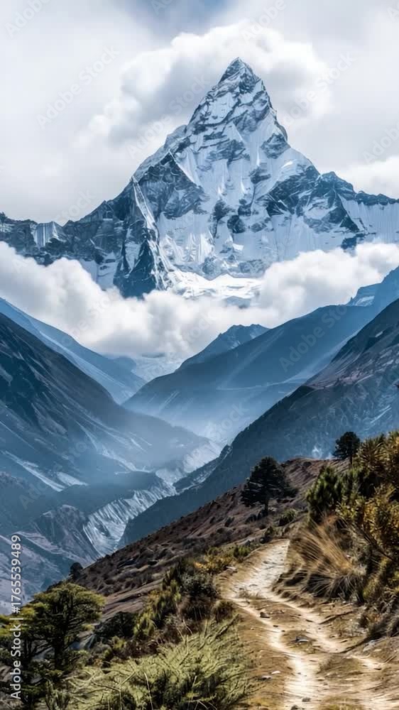 A dirt path leads to a mountain with a snowy peak in the distance