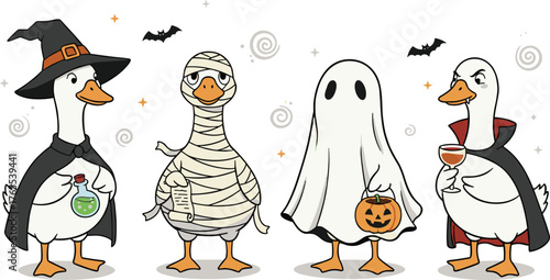 Funny halloween goose illustration vector, ducks dressed as witch mummy ghost and vampire holding pumpkin candy and drink, cute cartoon holiday character art for fall season, isolated vector design