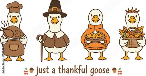 Thankful goose family illustration vector, thanksgiving ducks in pilgrim and chef outfits holding turkey pie and harvest food, festive autumn season animal character design in warm cozy tones
