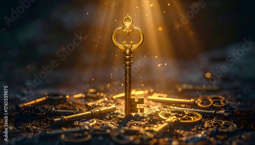 Shining key standing out from others on dark background.