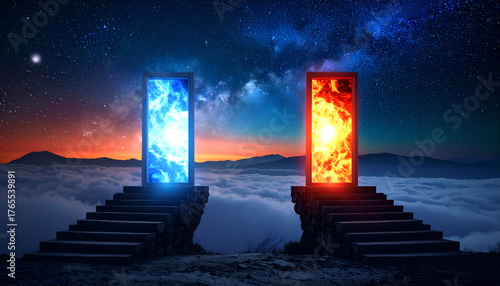 Surreal staircase leading from fiery red door to glowing blue door in the sky, symbolizing heaven and hell or life choices.