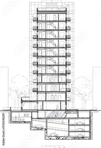 Detailed architectural cross section drawing of a modern high rise building showing multiple floors and underground levels