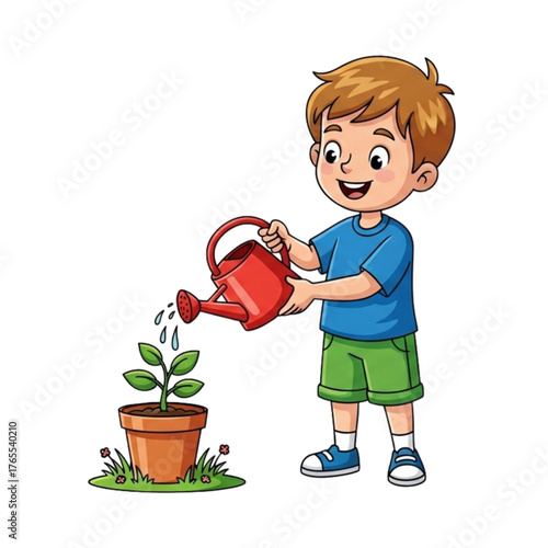 boy watering flowers