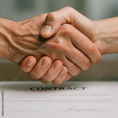Handshake agreement over contract symbolizing business deal and partnership