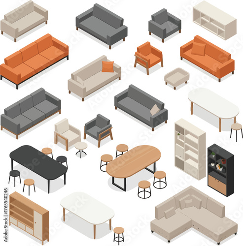 Collection of isometric furniture pieces for interior design and architectural visualization projects