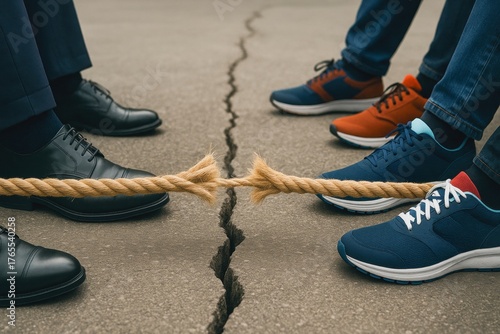 Two groups pulling rope on cracked ground representing conflict and tension