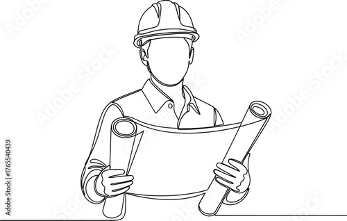 Minimalist line art drawing of a construction worker or engineer holding and reviewing blueprints or plans