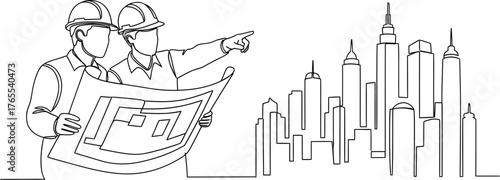 Two architects or engineers wearing hard hats discussing building plans with a cityscape in the background