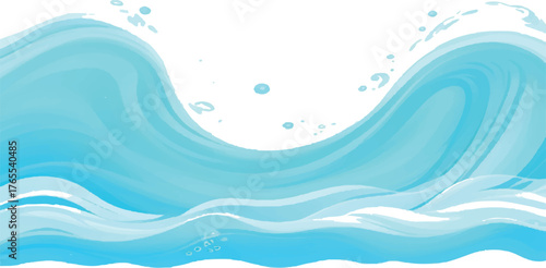 Stylized blue water wave illustration flowing design element with splashes isolated on white background