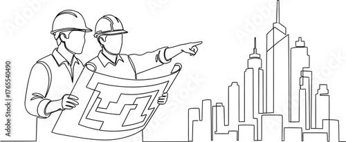 Two architects or engineers examining blueprints and pointing towards a city skyline of modern buildings