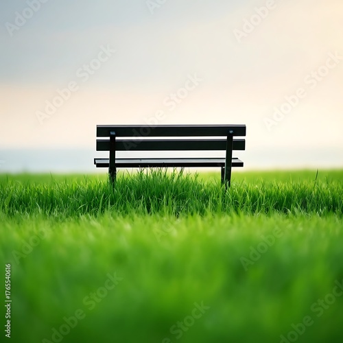 Wooden Park Bench in Green Field Under Bright Daylight