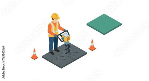 Construction worker using jackhammer in isometric style for road repair scene